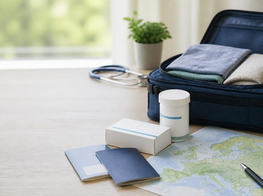 Gepackte dunkelblaue Reisetasche mit Kleidung, medizinischer Verpackung, blauen Reiseunterlagen und einer Europakarte auf einem hellen Holztisch; im Hintergrund steht eine kleine Pflanze am Fenster